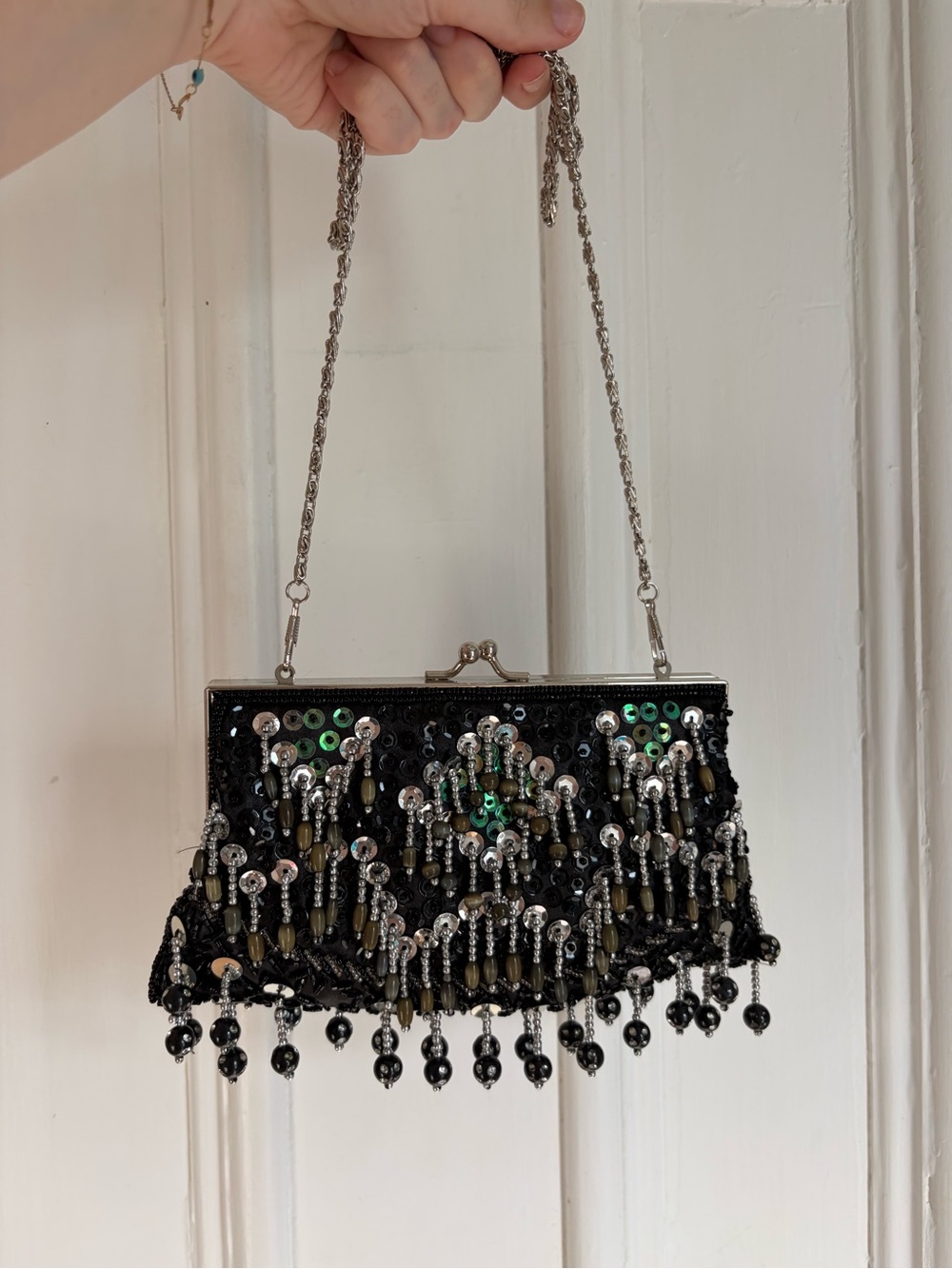 Vintage Black Beaded Fringe Evening Bag with Silver Chain